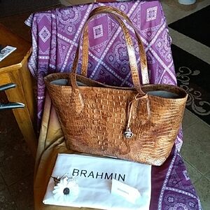 Brahmin Butterscotch Brown Croc-Embossed Tote